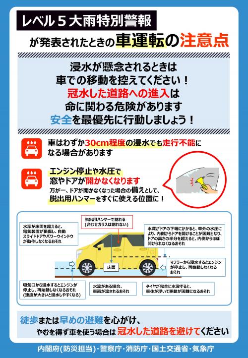 レベル5大雨特別警報が発表されたときの車の運転の注意点